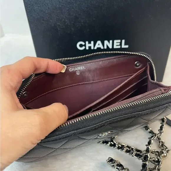 CHANEL CC QUILTED LAMBSKIN ZIP AROUND WALLET ON A CHAIN. Box & COA Included